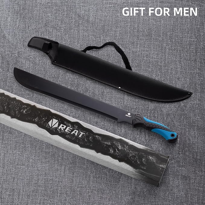 REAT Gardening Heavy Duty Machete,24" Full Tang Machete with Shaeth,Ergonomic No-Slip Handle,Machetes for Bushcraft, Outdoor Hunting, Garden Cutting Trees and Yard Work (Blue)