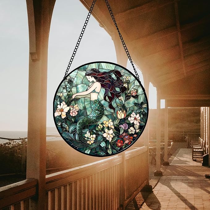 Stained Glass Window Hanging - Teal Sleeping Mermaid Suncatcher for Door Terrace Garden Home Decor, Sea of Flowers Sun Catcher Birthday Gifts for Lovers Women Men Dad Mom Nana 7.8 in