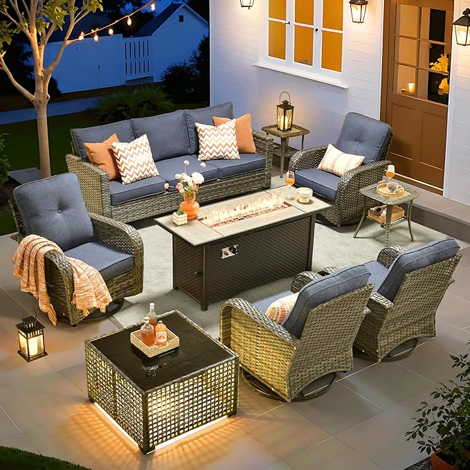 ovios 9 Pieces Patio Furniture Set, Outdoor Wicker Sofa Couch with Rocking Swivel Chairs Fire Pit Table, Modern Deep Seat Rattan Conversation Sets for Porch Deck, Denim Blue