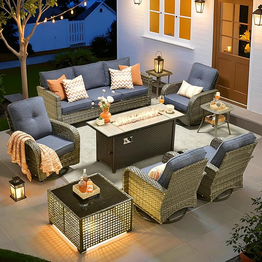 ovios 9 Pieces Patio Furniture Set, Outdoor Wicker Sofa Couch with Rocking Swivel Chairs Fire Pit Table, Modern Deep Seat Rattan Conversation Sets for Porch Deck, Denim Blue