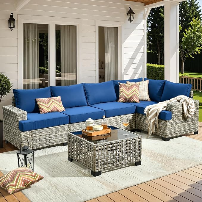 HOOOWOOO Outdoor Sectional Patio Furniture Set,6 Pieces Wicker Conversation Sets L Shaped Couch,Extra Deep Out Door Sofa Outside Furniture,Navy Blue