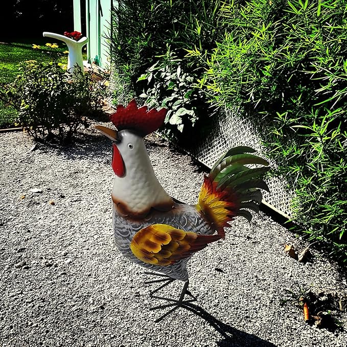 Metal Rooster Statue, Garden Outdoor Decor, Red and Gold Feathers, Weather Resistant, Metal Chicken Yard Art Sculpture, Iron Garden Animal Statue