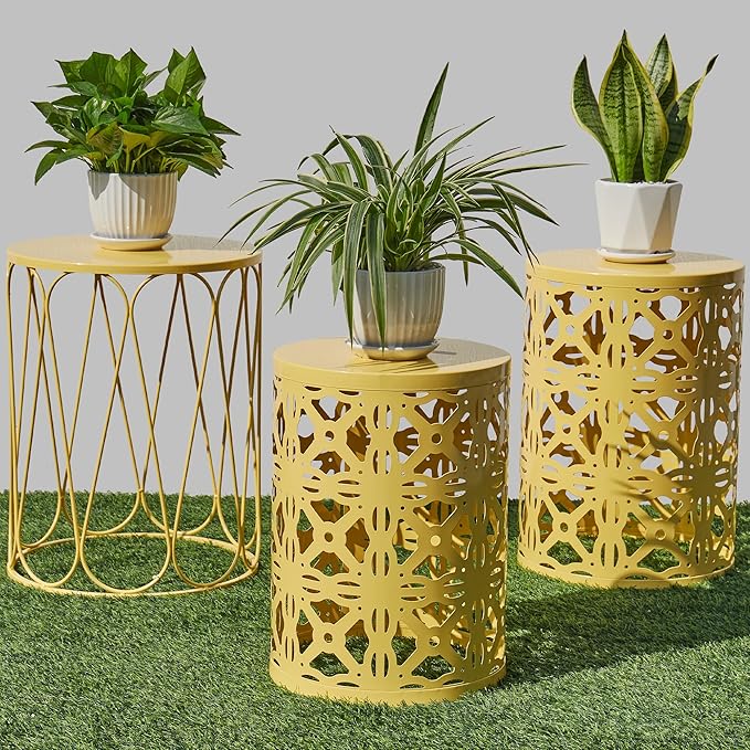 Y&M Set of 3 Round Heavy-Duty Side Table End Table, Outdoor Decorative Garden Stool Plant StandCoffee Table for Indoor Multifunctional Use,-Yellow(Ship from US)
