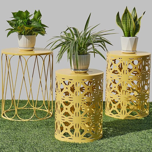 Y&M Set of 3 Round Heavy-Duty Side Table End Table, Outdoor Decorative Garden Stool Plant StandCoffee Table for Indoor Multifunctional Use,-Yellow(Ship from US)