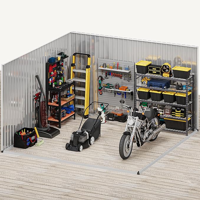 DWVO 10' x 10' Outdoor Storage Shed, Waterproof Metal Garden Shed with Windows, Lockable Doors, and Sloped Roof for Patio, Backyard, Lawn, Tool Storage, Bike Shed, Pet Shelter (Gray + White)