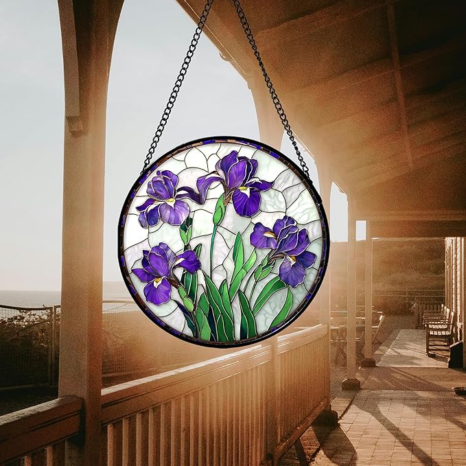 Stained Glass Window Hanging - Purple Iris Flower Sun Catcher for Door Terrace Garden Home Decor, Green Plants Suncatcher Birthday Gifts for Lovers Women Men Dad Mom Nana 9.8 in