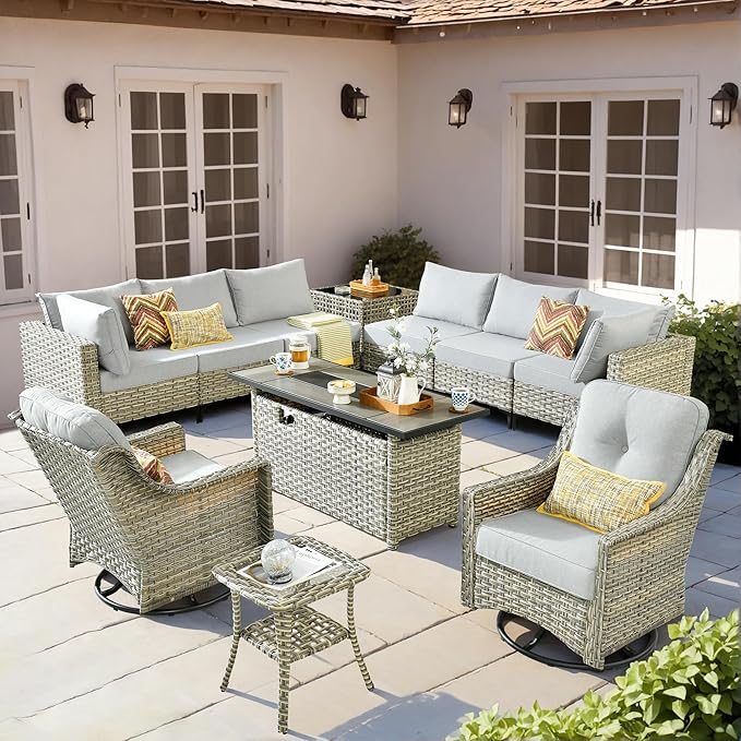 HOOOWOOO Outdoor Patio Furniture Set with Fire Pit Table,11 Pieces Wicker Out Door Sectional Furniture L Shaped Couch,Outside Patio Conversation Swivel Chair Sets,Light Gray