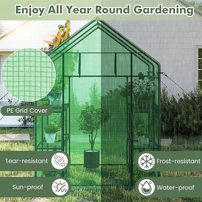 Happygrill Walk-in Greenhouse, Portable Greenhouses for Outdoors w/8 Shelves, Roll-Up Zippered Door, 2 Observation Windows & 2 Tiers, Weather-Proof PE Cover, Wind Rope Included, 57”L x 57”W x 77”H
