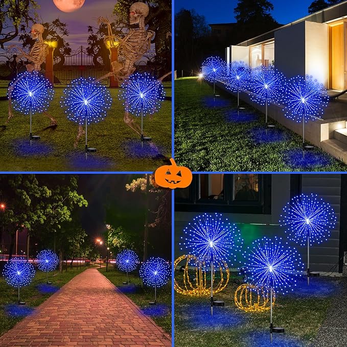 4 Pcs Halloween Solar Lights Outdoor Christmas Firework Light 180 LEDs 8 Modes Waterproof Sparkler Yard Decoration Stake Landscape Decorative for Garden Driveway Walkway Pathway Lawn (Blue)