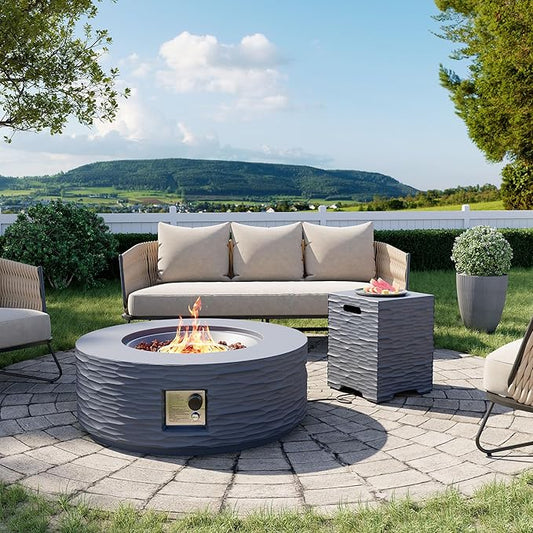 Cosiest Propane Fire Pit with Tank Cover for Outside, 35 in Round Gas Fire Pits for Outdoor Patio, CSA Certified, 50000 BTU Concrete Rectangle Base with Rain Cover, Free Lava Rocks