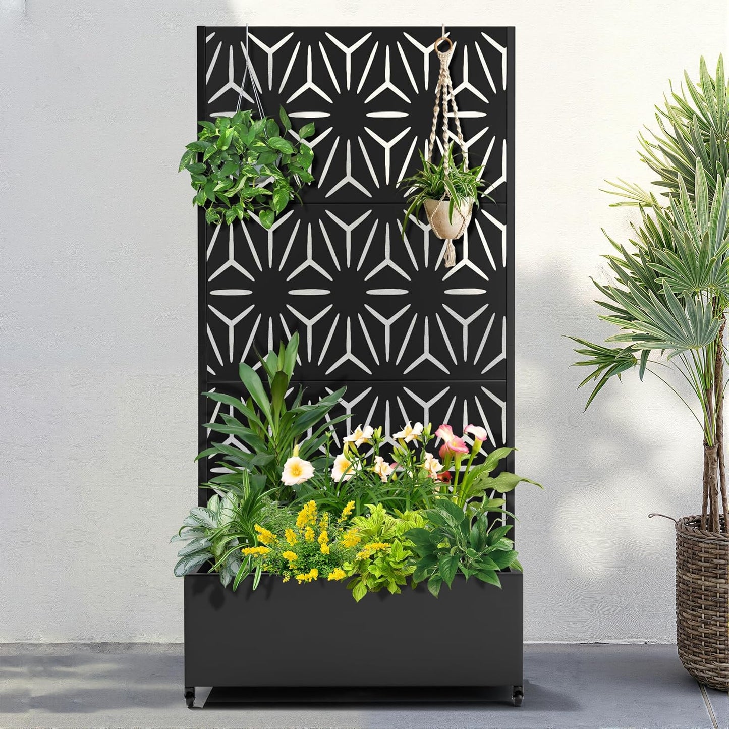 FENCY Metal Raised Garden Bed with Wheels and Trellis,73"x35"x16" Planter Box for Climbing Plants, Vegetables & Vines, Features Privacy Screen and Drainage Holes (Black-Star)