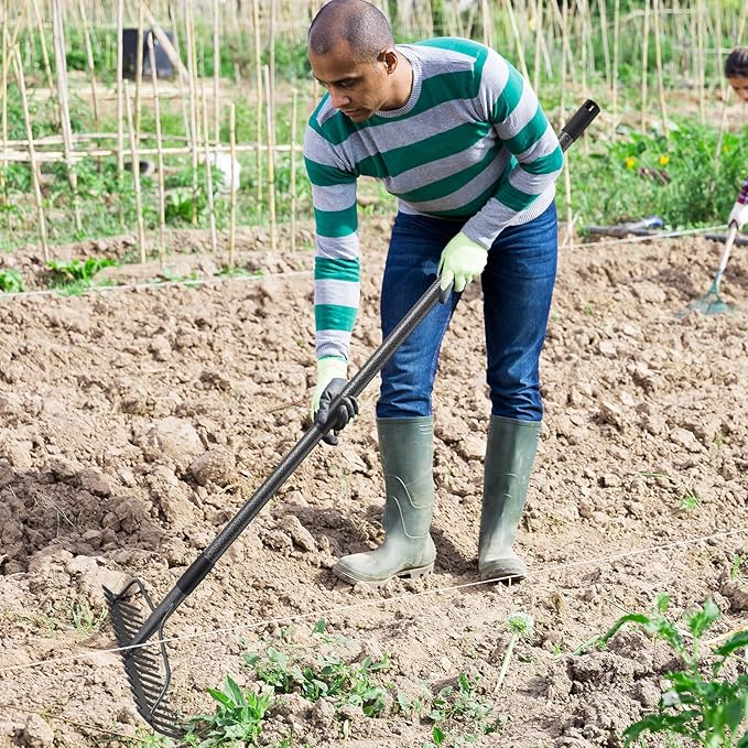 60'' Heavy Duty Garden Rake with Stainless Steel Handle, Metal Head for Loosening Soil, Gathering Leaves, Leveling Lawns