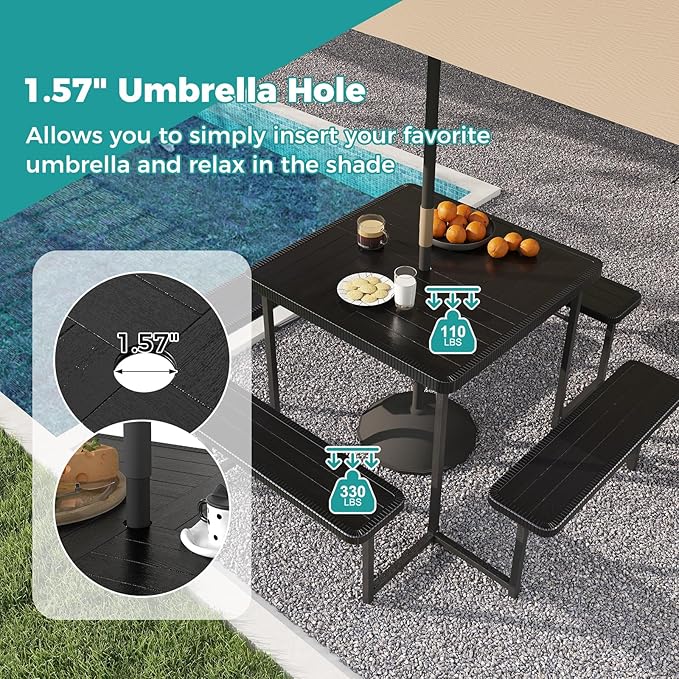 Giantex Picnic Table Bench Set for 4-8 People, 34" Outdoor Square Dining Table & 2 Benches w/Umbrella Hole, HDPE Tabletop, Metal Frame, Patio Camping Furniture for Backyard Porch Lawn (Black,Square)