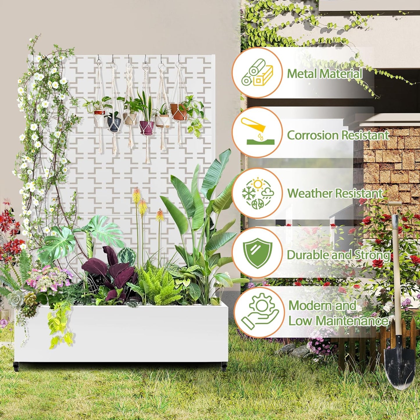 Raised Garden Bed with Trellis and Wheels,73"x47"x16" Metal Raised Garden Bed,White Squared Metal Planter with Climbing Trellis for Vines & Vegetables