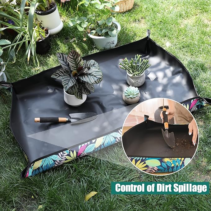 Oxford Houseplants Repotting Mat, Waterproof Indoor Plant Potting Tray, Foldable Bonsai Repotting Pad, Printed Soil Mess Workspace Cloth for Succulent, Cactus, Aloe Vers, 29.5 x 29.5