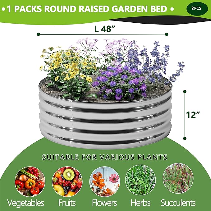 2PCS 4x4x1FT Galvanized Raised Garden Bed Kit,Vegetable Boxes-Round Metal Flower Box,Large Planter Raised Beds Outdoor Garden for Planting,Fruit,Herb-Sliver