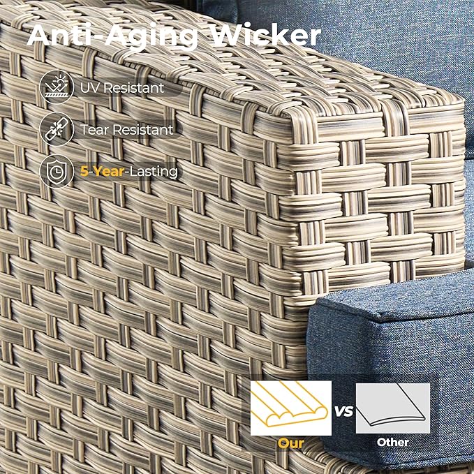 HOOOWOOO Outdoor Sectional Patio Furniture Set with Fire Pit Table,13 Pieces Wicker Conversation Sets L Shaped Couch,Extra Deep Out Door Sofa Outside Furniture with Swivel Chairs,Denim Blue