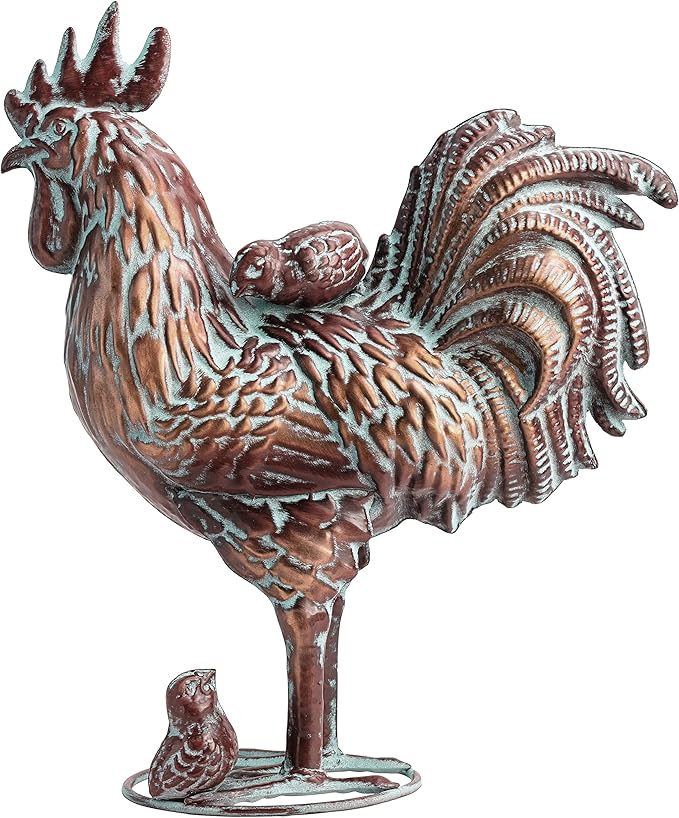 Outdoor Garden Rooster Statue Décor Antique Copper Outdoor Chicken Sculpture Metal Yard Art Figurines Creative Rooster Ornaments for Home Kitchen Patio Farm (Garden Rooster with Chicks Statue)