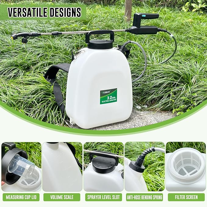 Battery Powered Sprayer 3.2 Gallon, VAXMAY Backpack Sprayer with 5 Mist Nozzles, Electric Garden Sprayer with USB Rechargeable Handle 32" Retractable Wand Portable Weed Sprayer for Lawn, Garden, Yard