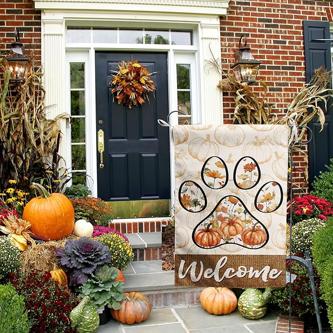 Welcome Fall Pumpkin Garden Flag Paw Print of Dog Autumn Wild Flower Yard Banner Outside Halloween Thanksgiving Outdoor Decor 12x18 Double Sided Small