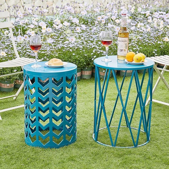 Y&M Set of 3 Nesting Metal Round Coffee Table, Side Table End Table for Indoor Outdoor Multifunctional Use,Heavy Duty Metal Plant Stand Decorative Garden Stool- Blue(Ship from US)