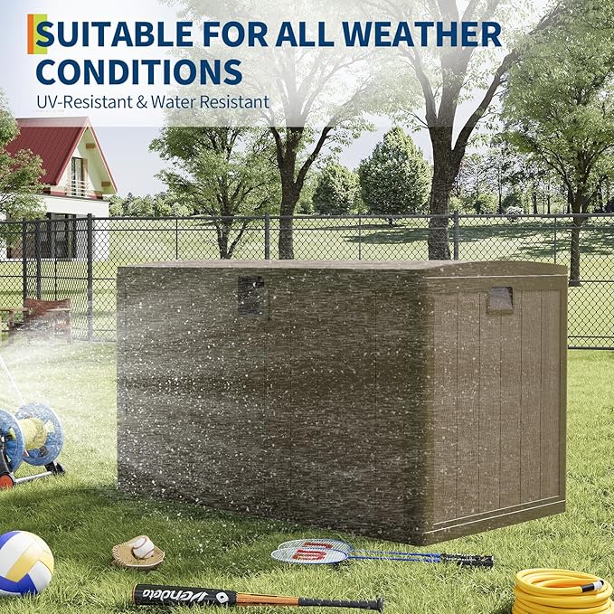 130 Gallon Outdoor Waterproof Storage Box Lockable Outdoor Storage Boxes Deck Storage Boxes for Package Delivery Deck Boxes for Patio Furniture, Garden, Tools - Faux Wood Grain Brown
