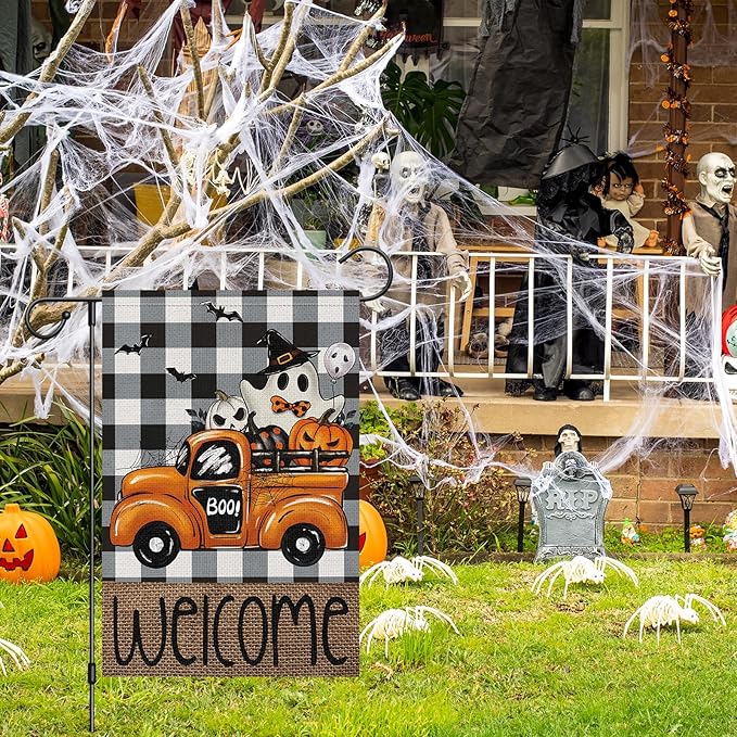 Welcome Halloween Garden Flag 12x18 Inch Double Sided for Outside，Buffalo Plaid Rustic Ghost Pumpkin Truck Flag Farmhouse Yard Outdoor Decoration