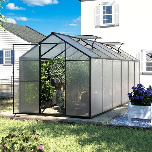6x12 FT Polycarbonate Aluminum Greenhouse, Outdoor Walk-in Green House Kit with 2 Adjustable Roof Vents and Lockable Door, Backyard Garden in Winter, Gray