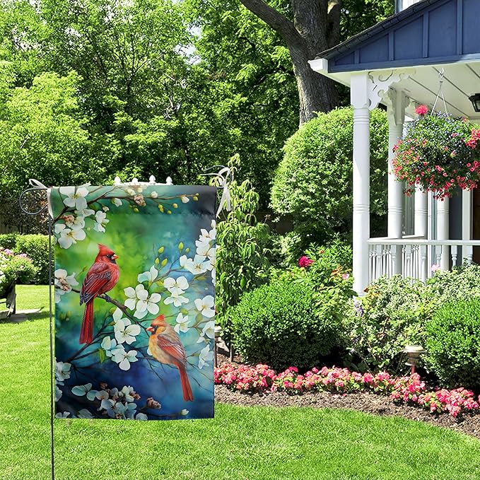 Spring Summer Cardinal Birds Garden Flags for Outside Birds Outdoor Flags Decorative 12x18 Double Sided Floral Welcome Yard Flag Small Red Bird Flag Dogwood Flower Decor