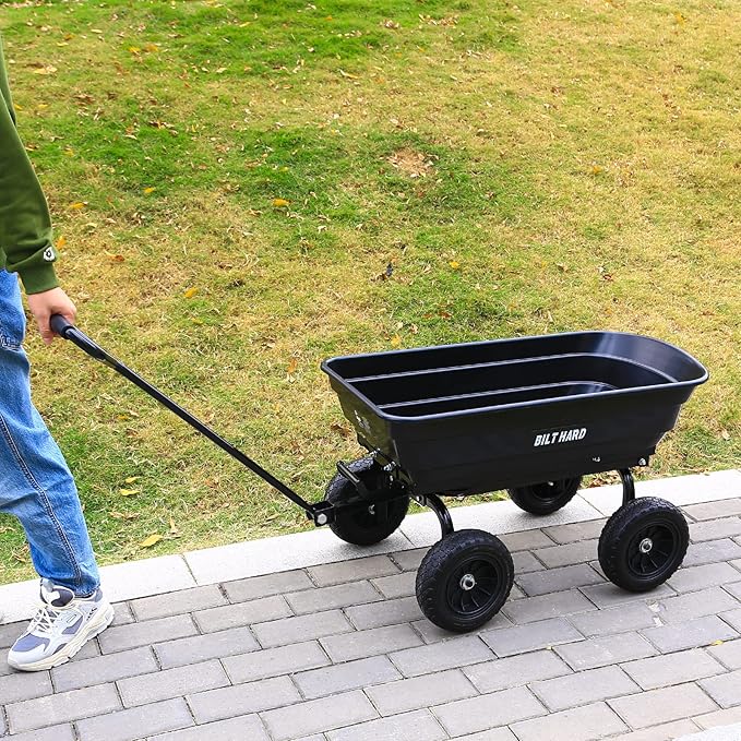 BILT HARD 4 Cu.Ft. 10" No-Flat Tires Poly Yard Dump Cart with 180° Rotating Handle, 600 lbs Capacity Heavy Duty Garden Carts and Wagons