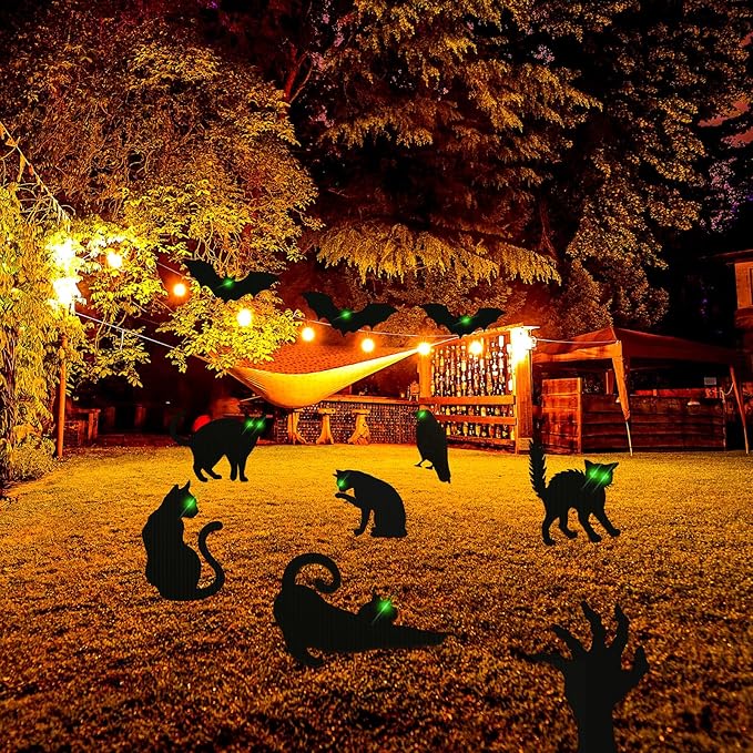 Blulu 8 Pcs Halloween Decorations Outdoor Black Cat Yard Signs with Stakes Scary Silhouette with Glow in The Dark Eyes Corrugated Plastic Waterproof Black Cat Decor for Garden Lawn Patio (Mixed)