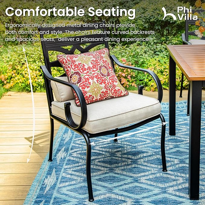 PHI VILLA 5 Pcs Patio Dining Set,Outdoor Table Chair Set for 4 with Outdoor Chairs and Metal Frame Steel Square Table,Outdoor Dining Furniture with Cushion and Pillow for Garden Lawn Deck