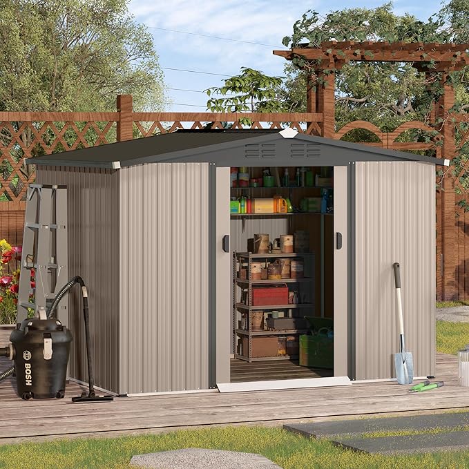 AECOJOY 8 x 6 Ft Shed, Outdoor Storage Tool Shed (Sliding Door), Metal Garden Shed for Yard, Outdoor Storage Clearance in Grey