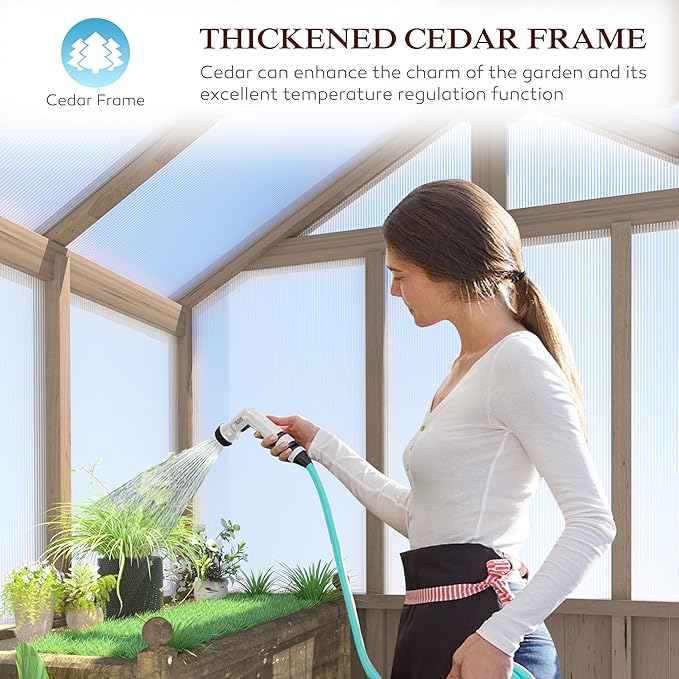 BlueWish 8x16FT Wood Greenhouse, Greenhouses with Cedar Frame, 6MM Thick Polycarbonate Panel, Wooden Green House with Adjustable Vent, Greenhouse for Outdoor, Patio, Garden, Backyard