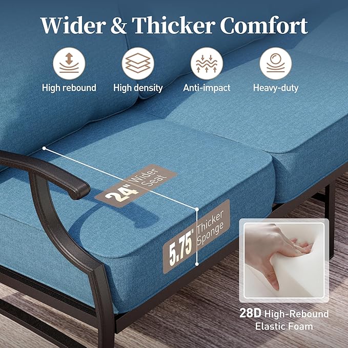 7 Piece Metal Outdoor Patio Furniture Sets, Patio Conversation Sets 1 3-seater Sofa, 2 Fixed Chair, 2 Rocking Chair, 2 Ottomans with 5.75" Thick Cushion, Black Backyard Furniture, Navy