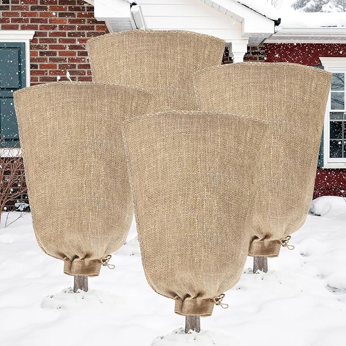 Riare 4 Packs 45 × 70 Inch Burlap Winter Plant Cover Bags with Drawstring- Reusable Large Burlap Sack Plant Frost Protector, Plant Frost Cloth Cold Tree Freeze Blanket for Outdoor Plants Fruit Shrubs