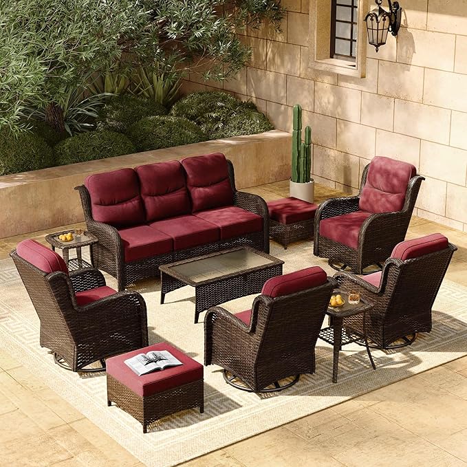HILLGA Luxury Patio Furniture Set with 6-inch Thick Cushion, Outdoor Couch and High Back Swivel Rocker Patio Chairs, 10PCS Wicker Conversation Set for Deck Yard and Poolside, Burgundy (V2)