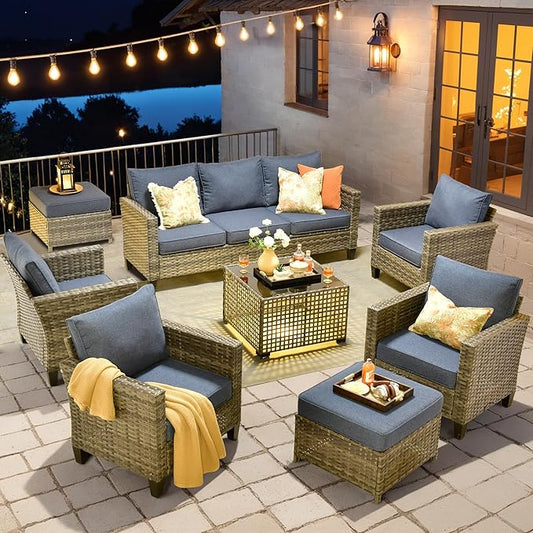 HOOOWOOO Outdoor Patio Furniture Set,8 Pieces Wicker Conversation Set,All Weather Couch Set with Solar Light Table Ottoman Chairs 9 Seaters for Out Door Yard(Denim Blue)