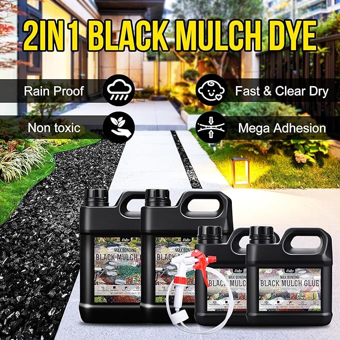 Mulch Glue - 0.5 Gallon / 64oz Black Color Mulch Dye & Landscape Adhesive with Applicator for Landscaping, Garden, Gravel, Rock - Safe Ready to Use Gravel Binder Mulch Lock Glue for Leaf, Stone, Bark