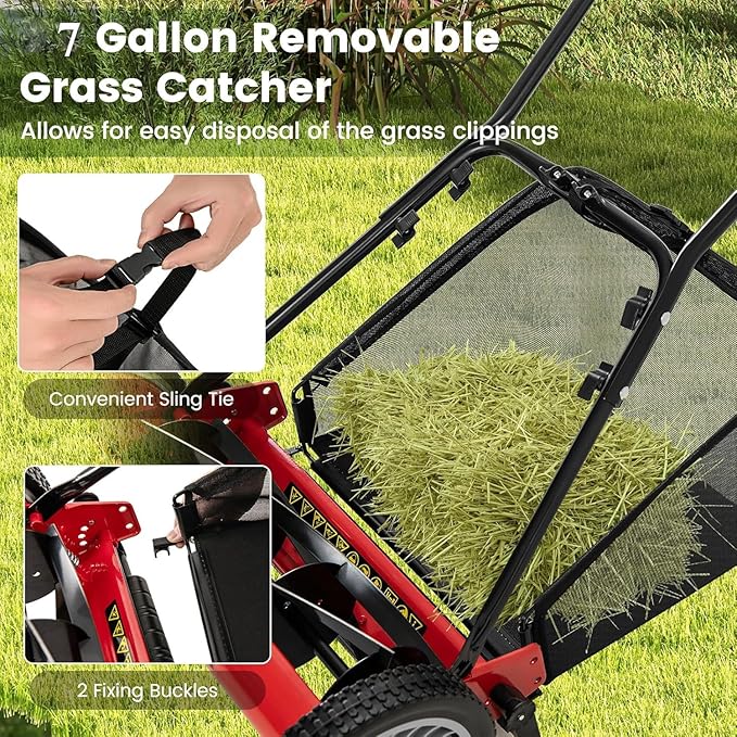 Goplus Manual Lawn Mower, 16 Inch 5-Blade Walk-Behind Cordless Grass Cutter with 7 Gallon Removable Grass Collect Bag, Adjustable Cutting Heights, Push Reel Lawn Mower for Yard, Garden