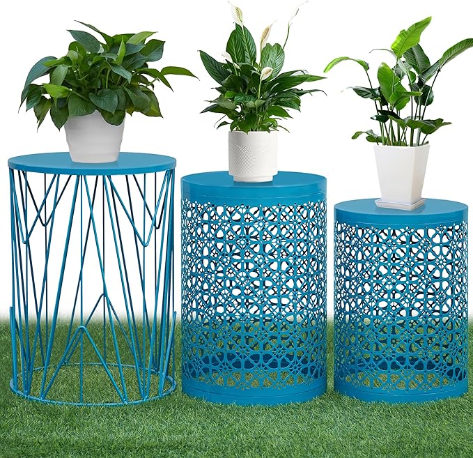 HFHOME Set of 3 Metal Side End Tables Nightstand, Nesting Round Coffee Table for Indoor Outdoor, Heavy Duty Metal Plant Stand Living Room Garden Stool - Blue
