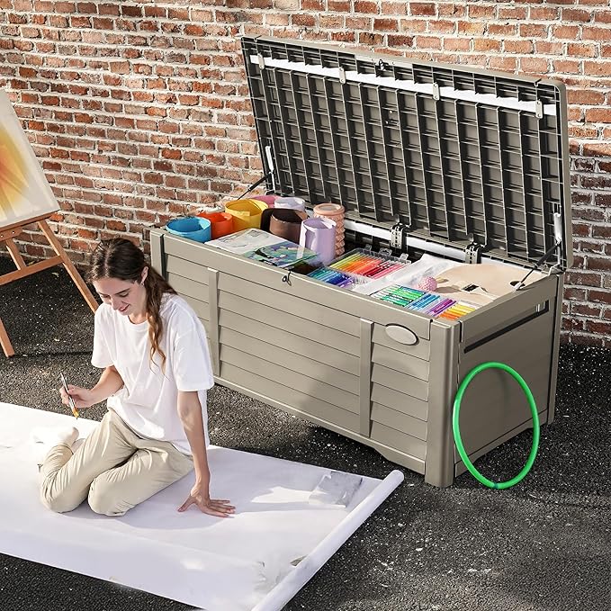 DWVO Large Deck Box 120 Gallon Waterproof Outdoor Storage Box, Extra Large Storage Bin, Resin Louvered Patio Storage for Pillows, Garden Tools & Pool Supplies, Lockable, Light Brown