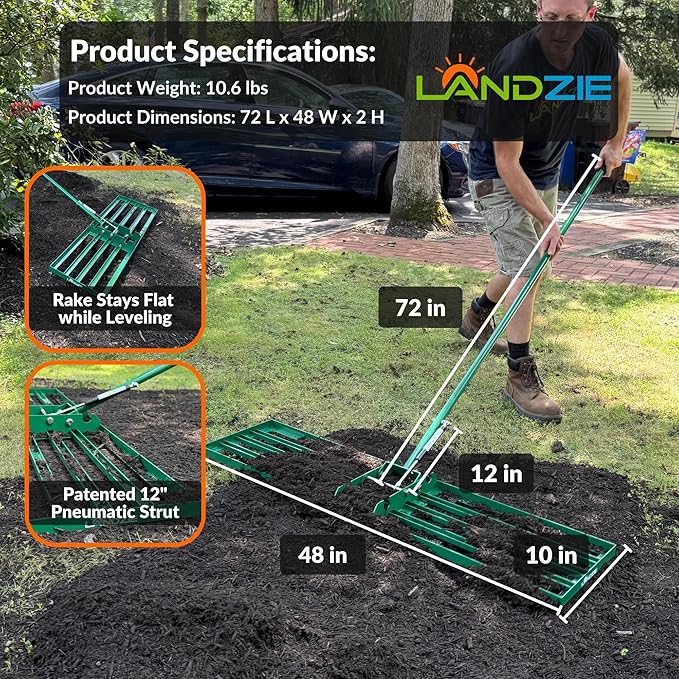 Landzie AeroLeveler - The Lawn Leveling Rake That Never Flips - Patented inch Wide Pneumatic Lawn Level for Yard, Dirt, Soil, Sand, Provides Stability and Control (Pneumatic 48" Leveling rake)