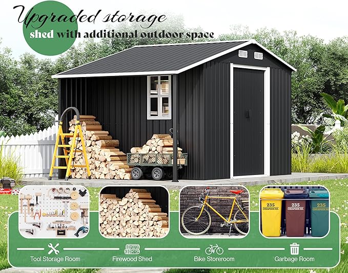 Jocisland 10.6x6.8x6.3 FT Outdoor Storage Shed with Sliding Doors, Two 4-Pane Windows, Open Design Outdoor Shed for Wood Storage, Dark Grey/White