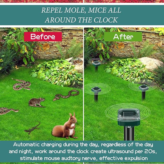 12 Pcs Mole Repellent for Lawns Solar Powered Mole Repeller Ultrasonic Gopher Repellent Waterproof Outdoor Snake Stakes Spikes for Yard Garden Gophers Groundhogs Voles Rodent (Small)