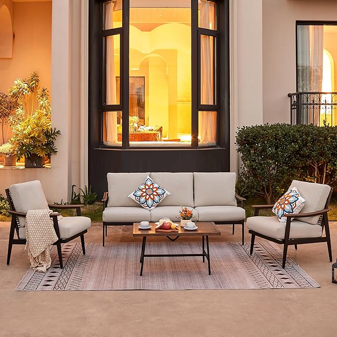 NATURAL EXPRESSIONS 6 Pieces Patio Furniture Set, Outdoor Furniture Sofa Sectional Modern Metal Patio Conversation Set with High Back Wicker Backrest & Loveseat for Balcony, Backyard, Deck, Porch