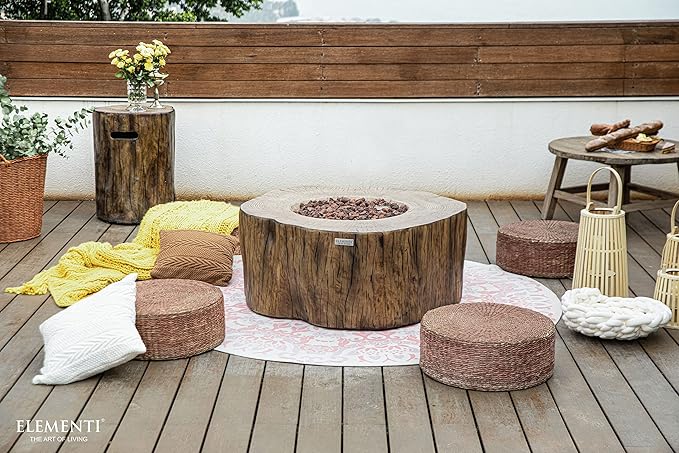 Elementi | Manchester Gas Fire Pit Cast Concrete Semi-Round Fire Table, Outdoor Fire Pit Electronic Ignition | Canvas Cover, Lava Rock Included | Red Wood | Natural Gas
