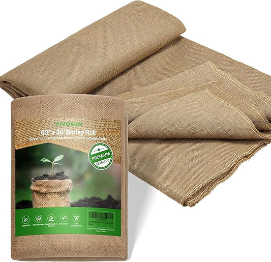 VIVOSUN 63 in x 30 ft Premium Burlap Fabric, 10 oz Heavy Duty High Density Natural Jute Fiber, Multipurpose Burlap for Gardening, Outdoor Plant Care, Weed Barrier, DIY Crafts, and Decoration