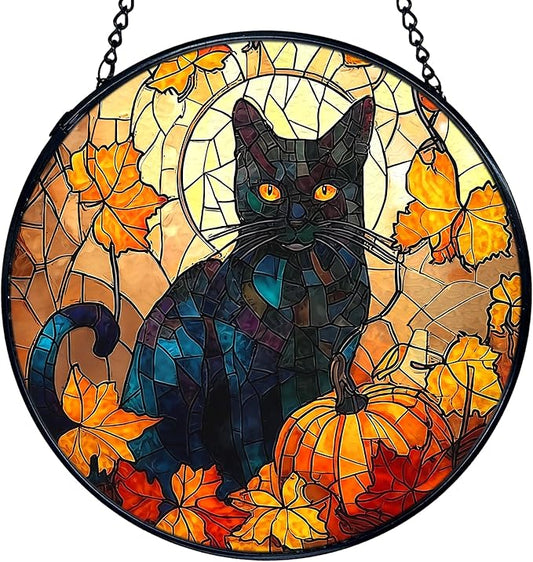 TNUW Fall Pumpkin Black Cat Stained Glass Window Hanging, Autumn Pumpkin Maple Leaf Black Cat Sun Catchers Indoor Window Glass Round Wall Art Decor, Rustic Fall Wall Hanging Decorations, 7.9＂x7.9＂
