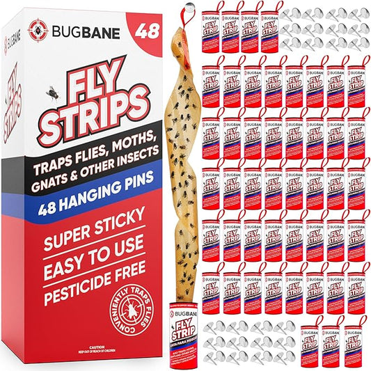 Fly Strips Indoor Sticky Hanging 48pk with Pins. Non Toxic Outdoor Fly Trap Indoor for Home. Flies Tape Paper Trap Ribbon Roll for House Gnat Fruit and Housefly. Bug Catchers for Inside Home Flypaper